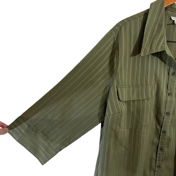 Fred David Button Up Shirt 22W Green Striped Front Pockets 3/4 Sleeves Collared - Picture 4 of 6